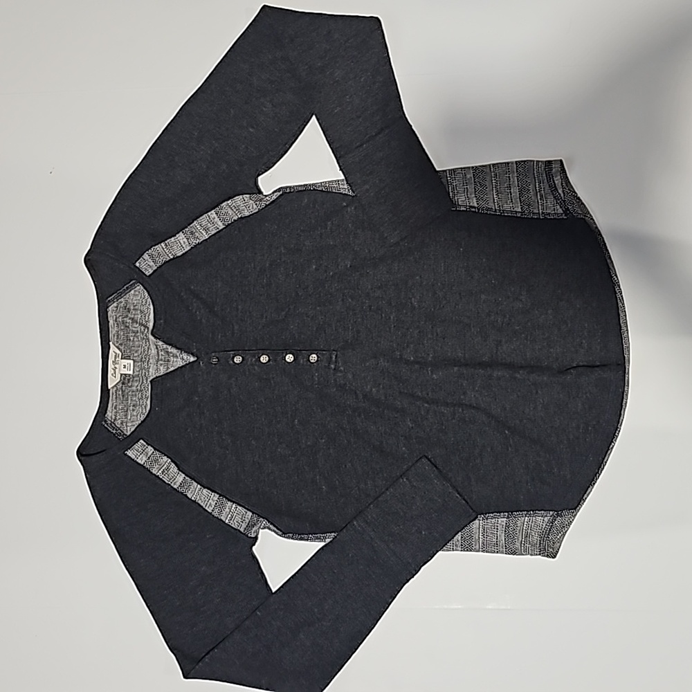 Lucky Brand Women's Gray Henley Thermal Waffle Knit Top w/ Print Accents